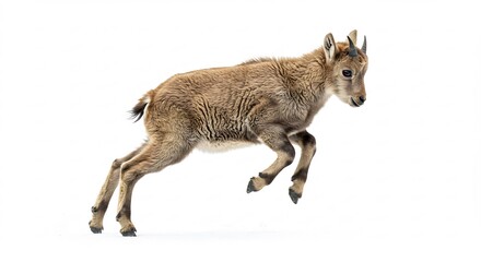 Young ibex gracefully leaps against bright white background. AI Generated
