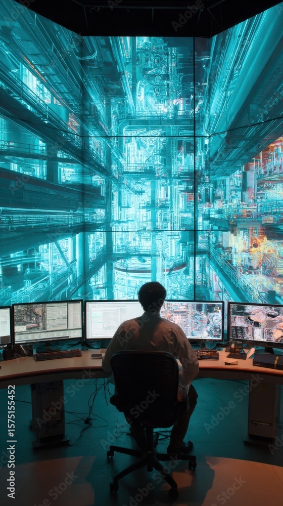 Poster a lone operator in a stateoftheart factory monitors stunning 3d projections of key performance data 