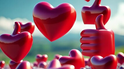 Red Glossy Hearts and Thumbs Up Symbols Floating Against a Blurred Blue Sky Background Representing Social Media Engagement and Positive Feedback - Powered by Adobe