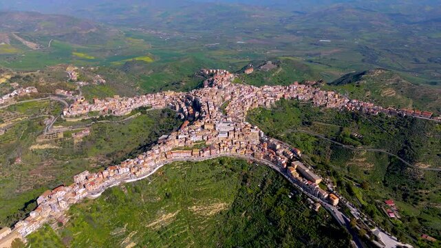 Aerial drone view of Centuripe town and comune, Province of Enna, Sicily, Italy