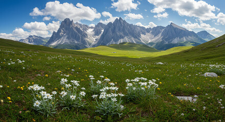 alpine meadow with white flowers