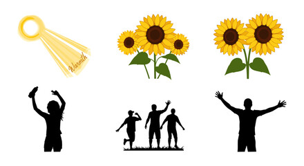 Illustration showing sunflowers, a yellow ribbon, and silhouettes of people with raised arms and hands