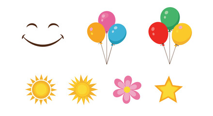 Illustration featuring a smiley face balloons suns flower and star in a colorful and cheerful design style