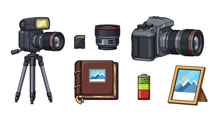 Still life of photography equipment with camera flash tripod lens memory card and photo album displayed