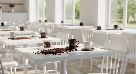 Sunlit cafe interior showcases minimalist white tables scattered with coffee beans. AI Generated