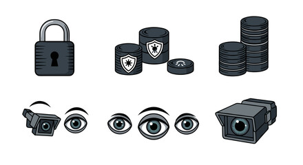 Cartoon illustration of cybersecurity elements including padlock servers cameras and eyes looking up