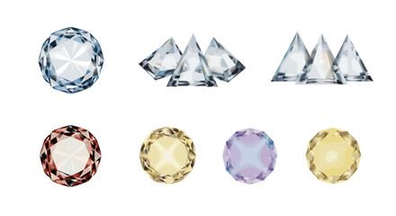 Collection of various cut gemstones including oval and triangular shapes in different colors and clarity