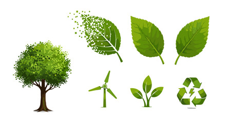 Illustration showing a tree, leaves, a windmill, a plant, and a recycle symbol on a white background
