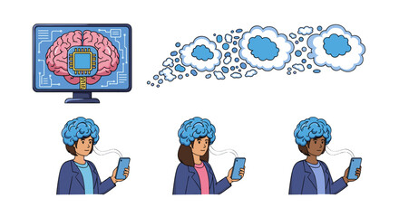 Illustration of brain on computer screen and three people with brain cloud using smartphones