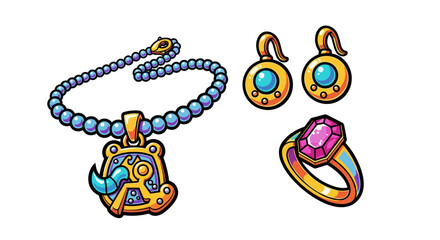 Illustration of a necklace with a pendant, a ring with a gem, and a pair of earrings together