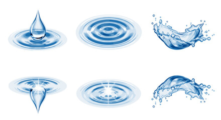 Illustration showing water droplets and splashes with ripples on a white isolated background surface