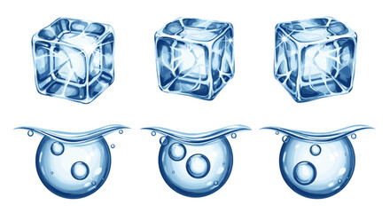 Three ice cubes above three water droplets with bubbles on a white background illustration