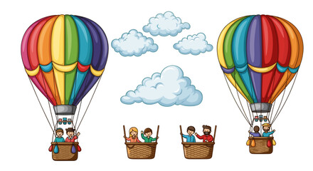 Two colorful hot air balloons with people in baskets and fluffy clouds on a white background scene design