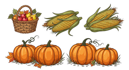 Illustration of a basket with fruits, corn cobs, and pumpkins arranged in a harvest display scene