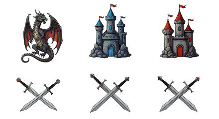 Illustration featuring a dragon, two castles, and crossed swords on a white background art design