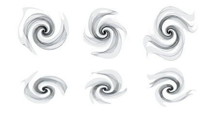 Six abstract swirls in shades of gray arranged on a white background in a grid pattern design