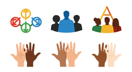Diversity and inclusion symbols featuring people hands and arrows in a colorful arrangement design view