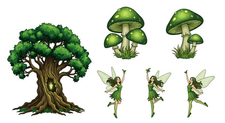 Illustration of a fantasy forest scene featuring a tree, mushrooms, and three green fairies with wings