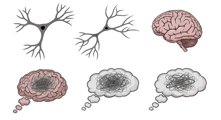 Illustration showing neurons brain and thought bubbles filled with tangled lines on white background