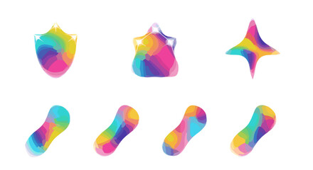 Seven abstract shapes with rainbow watercolor effect on a white background artfully arranged