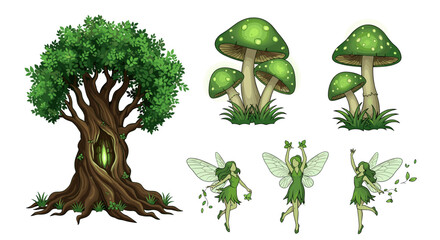 Illustration of a magical tree with fairies and mushrooms in a whimsical forest setting design
