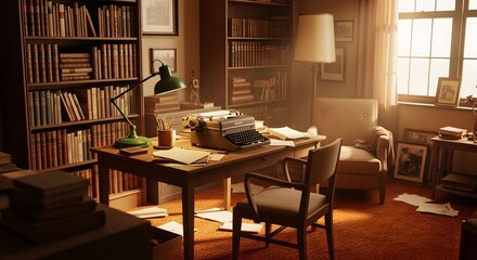 Vintage Writer's Study Sunlit Room with Bookshelves, Typewriter, and Papers