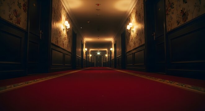 Dark and Mysterious Hotel Corridor A Long Red Carpet Leads to the Unknown