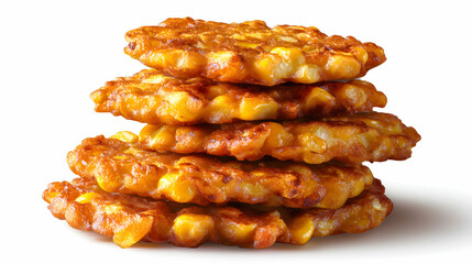 Golden brown corn fritters stacked in a tall pile, showing crispy edges and visible corn kernels, isolated on a clean white background.