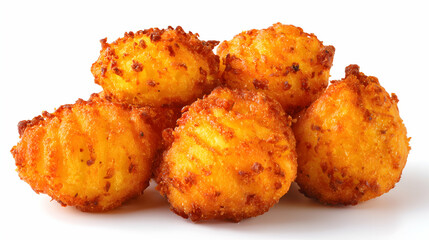 Golden brown round corn fritters stacked together, with crispy crust and fluffy inside, made from sweet corn and batter, isolated on white background.