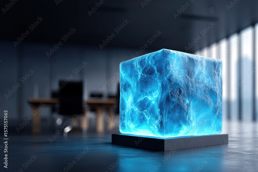 Poster creative startup and sme concept. futuristic glowing cube of technology and power in mysterious mode