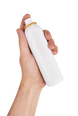Aerosol can in hand on a white background