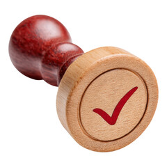 Wooden stamp with red checkmark symbol for approved confirmation. simple isolated cutout on white background