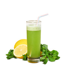 Fruit cocktail with a peace of lemon on a white