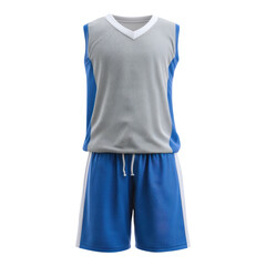 Professional blue and grey sport basketball uniform. V neck jersey and shorts for athletic team play on white background