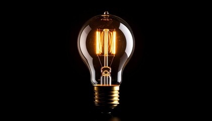 Glowing Filament Style Edison Light Bulb on Black Background Still Life