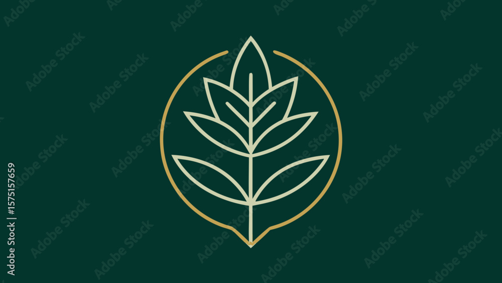 Poster minimalist illustration of a leaf design within a gold circular frame on a green background