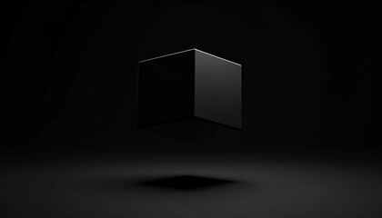 Minimalist Rendered Dark Cube with Shadow on Black Surface Background