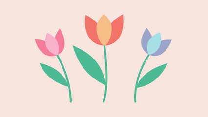 Simple and colorful flat vector illustration of three tulip flowers on a cream background