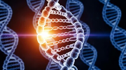 A double helix dna strand with a bright light represents genetic research, medical advancements, and the building blocks of life