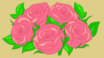 Vibrant hand drawn arrangement of pink roses and green leaves with transparency
