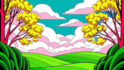 Vivid pop art landscape depicting rolling green hills trees and pink and white clouds