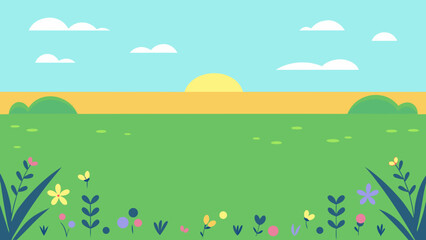 Whimsical flat landscape illustration featuring a meadow sky and blossoming flowers