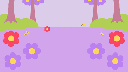 Whimsical springtime garden with flowers trees and playful bees on a transparent background