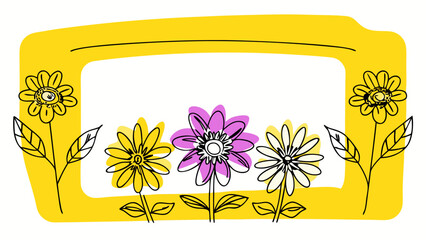 Whimsical floral illustration featuring a bright yellow frame and colorful hand drawn flowers