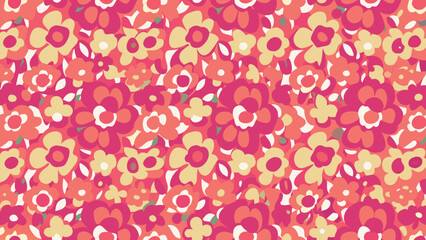 Vibrant repeating floral pattern in pink and yellow on a transparent background