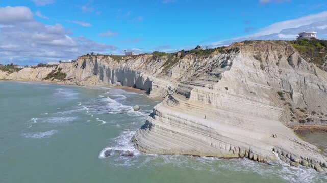 Aerial drone view of Scala dei Turchi seaside cliffs, Island of Sicily, Italy