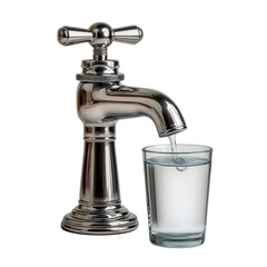 A shiny chrome faucet filling a clear glass with fresh water, isolated on transparent background