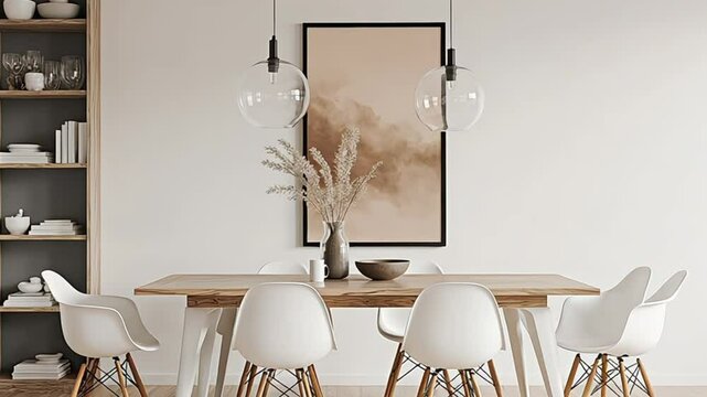 Modern dining room with wooden table and stylish pendant lights