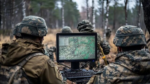 Soldiers in Camouflage Uniforms Viewing Monitor Displaying Geographic Map in Forest Setting