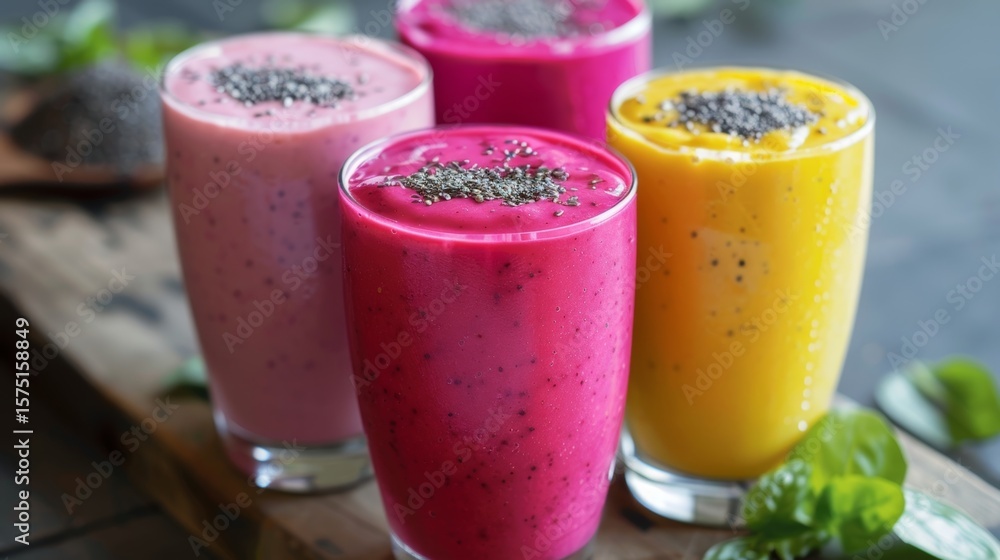 Poster a colorful smoothie made with mango banana and soy milk topped with a sprinkle of flax seeds for an 